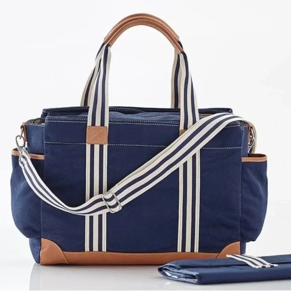 Pottery Barn Classic Diaper Bag with Leather Handles and Trim Monogram C Navy